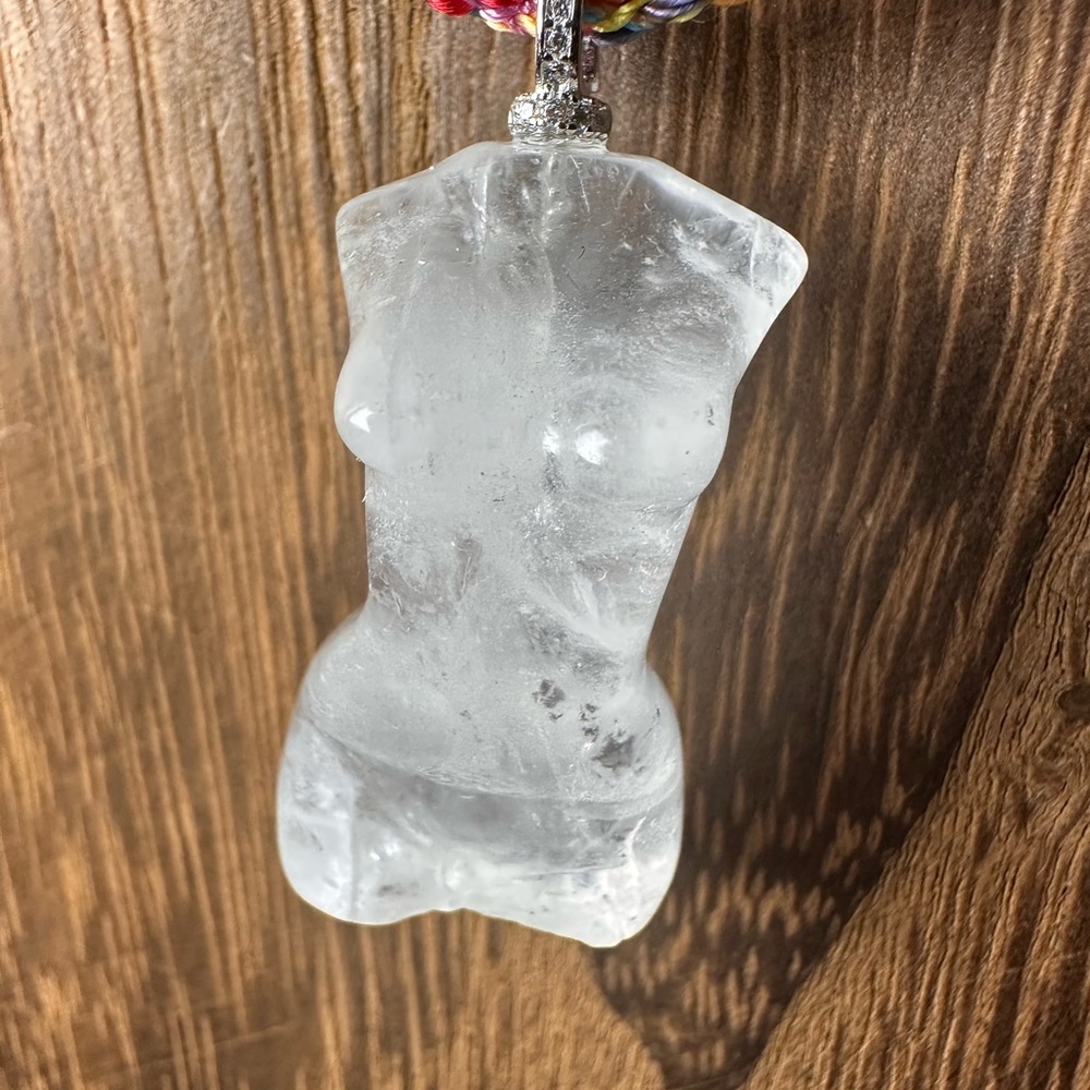 Clear Quartz Lady Body Carving Pendant Necklace on Multicolor Rope, Silver Bail - Picture 4 of 14